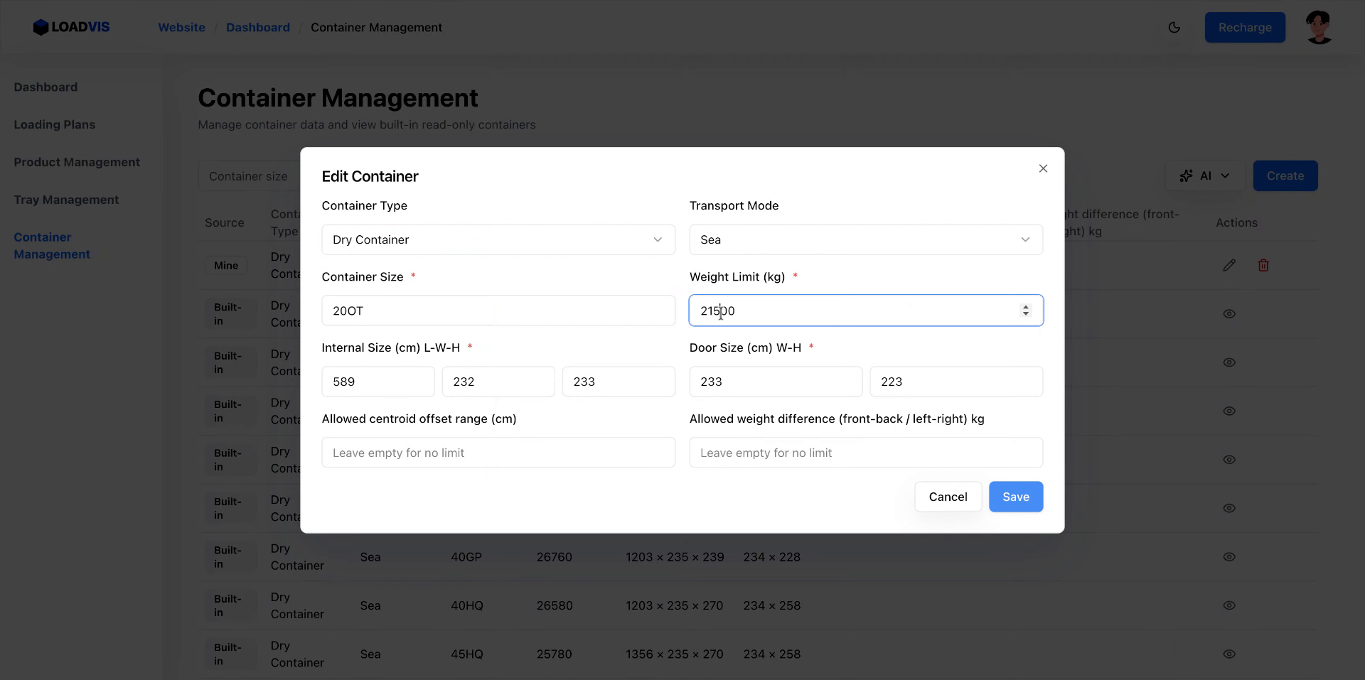Editing container payload and dimensional parameters