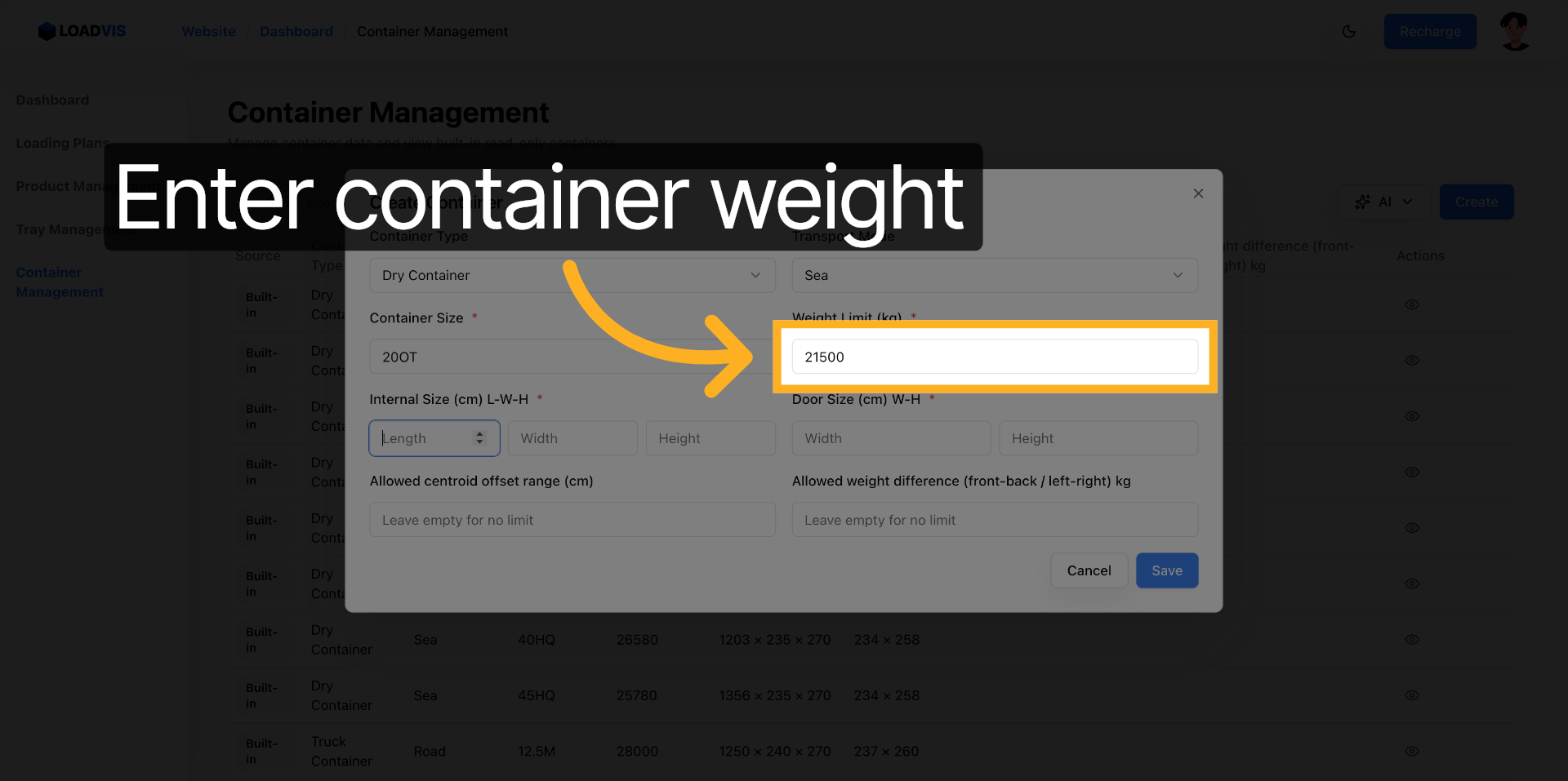 Manual Payload and Dimension Entry Interface