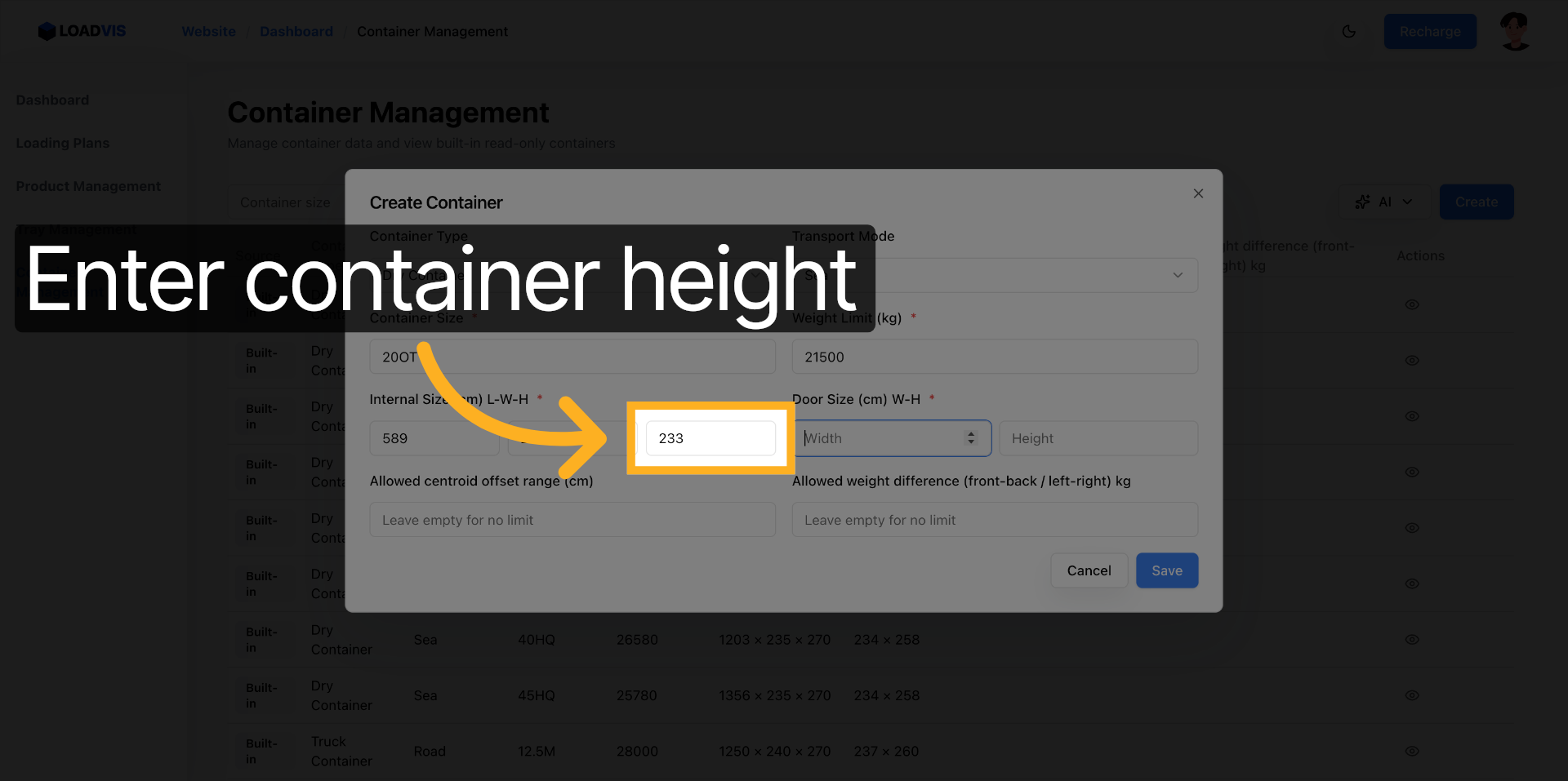 Enter Internal Height