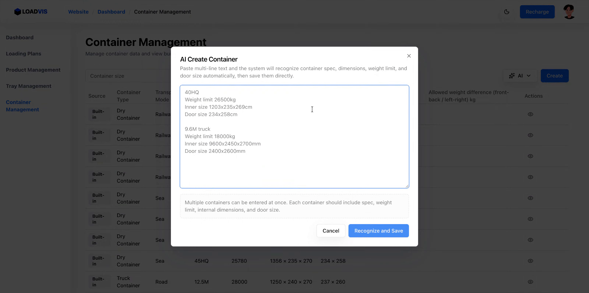 Enter Container Specifications