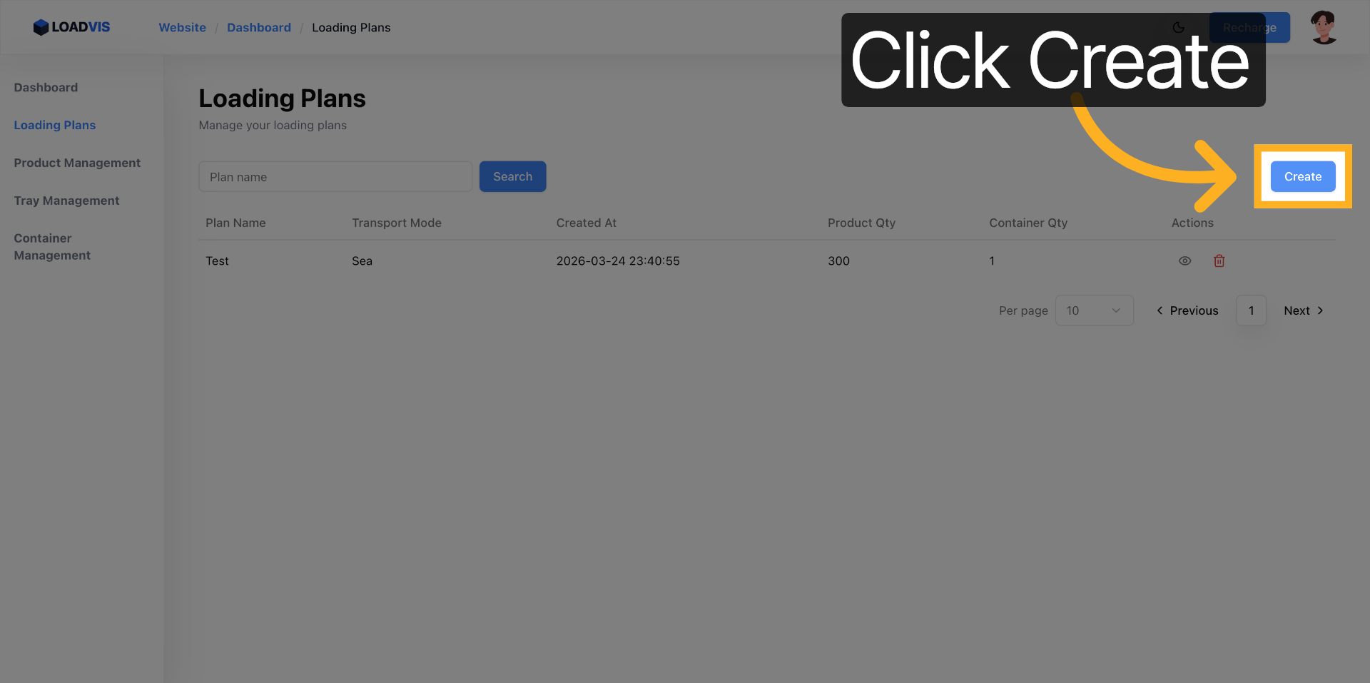 Loadvis 계획 생성 화면