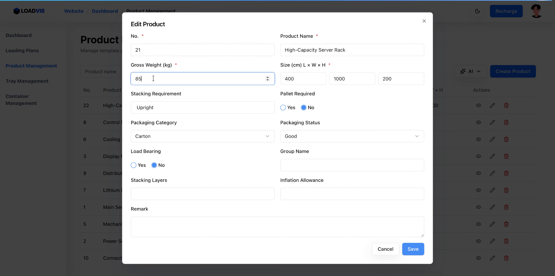 총 중량 및 치수 필드 업데이트