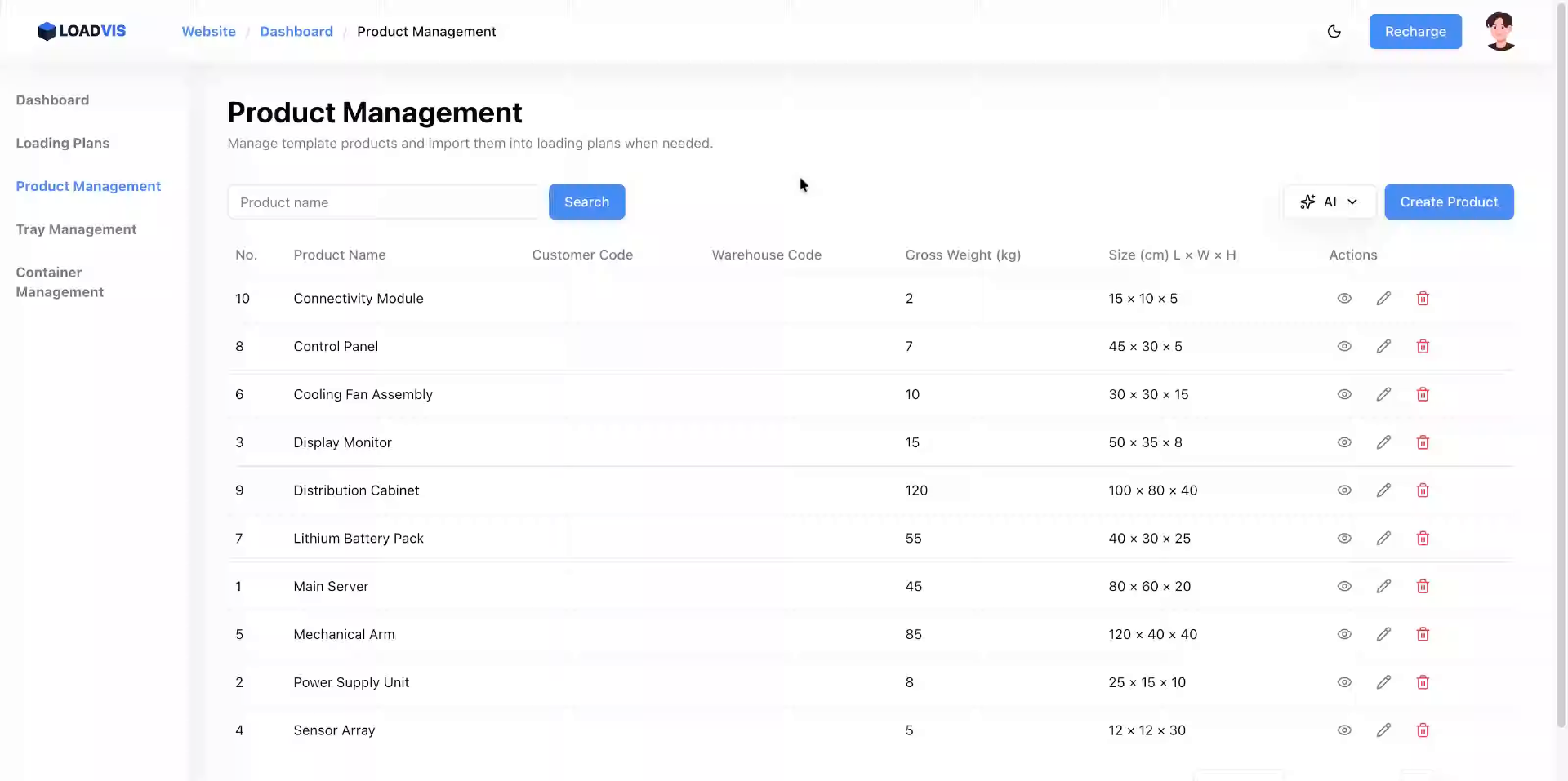 Product List Search Interface